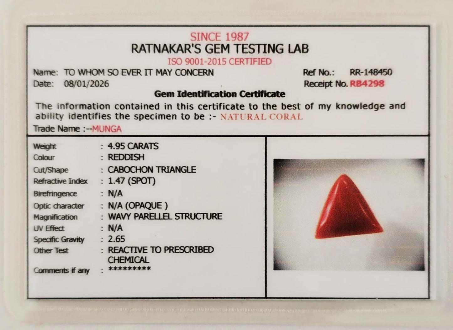 Lab certified red coral gemstone with authenticity report
ISO certified natural moonga stone lab report image
Certified Mars gemstone red coral verification document