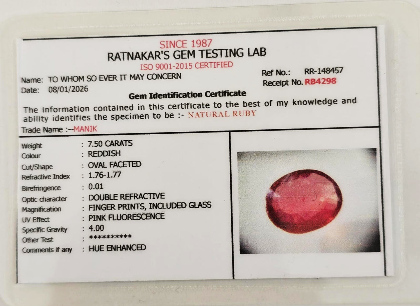 Natural certified Ruby (Manik) gemstone deep red Sun stone
Close up natural ruby oval cut lab certified gemstone
Certified Manik stone with authenticity report
Premium red ruby gemstone for astrology Surya