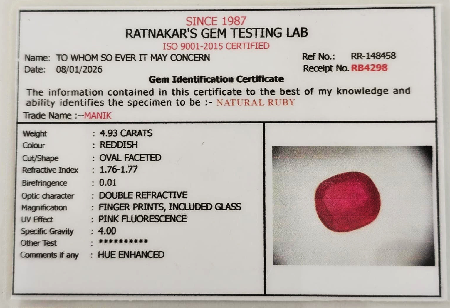 Natural certified Ruby (Manik) gemstone deep red Sun stone

Close up natural ruby oval cut lab certified gemstone

Certified Manik stone with authenticity report

Premium red ruby gemstone for astrology Surya