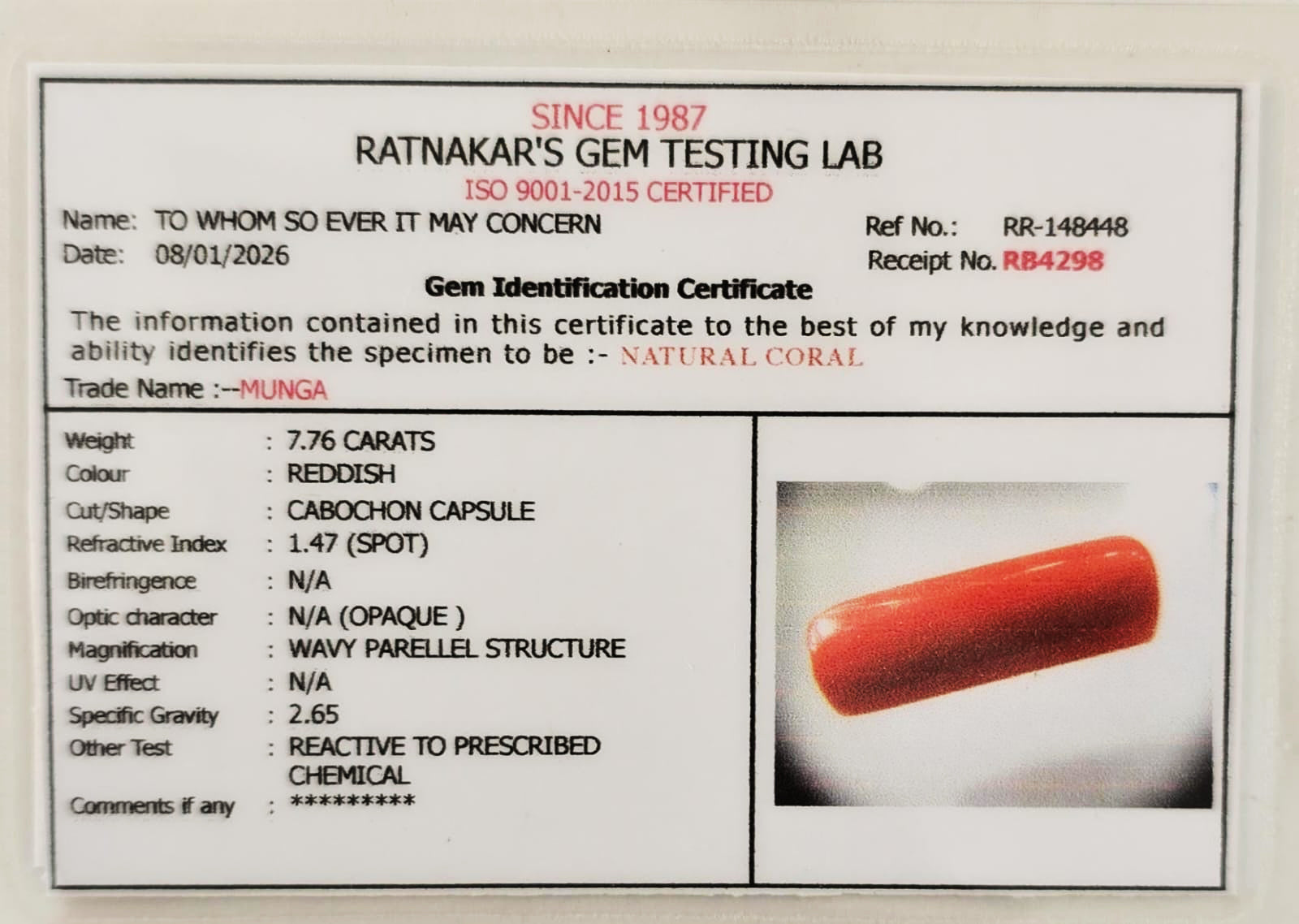 Lab certified red coral gemstone with authenticity report

ISO certified natural moonga stone lab report image

Certified Mars gemstone red coral verification document