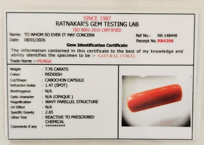 Lab certified red coral gemstone with authenticity report

ISO certified natural moonga stone lab report image

Certified Mars gemstone red coral verification document